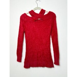 Venus Fuzzy Cut Out Shoulder‎ Sweater Red Long Sleeve Plush Knit Women's Small